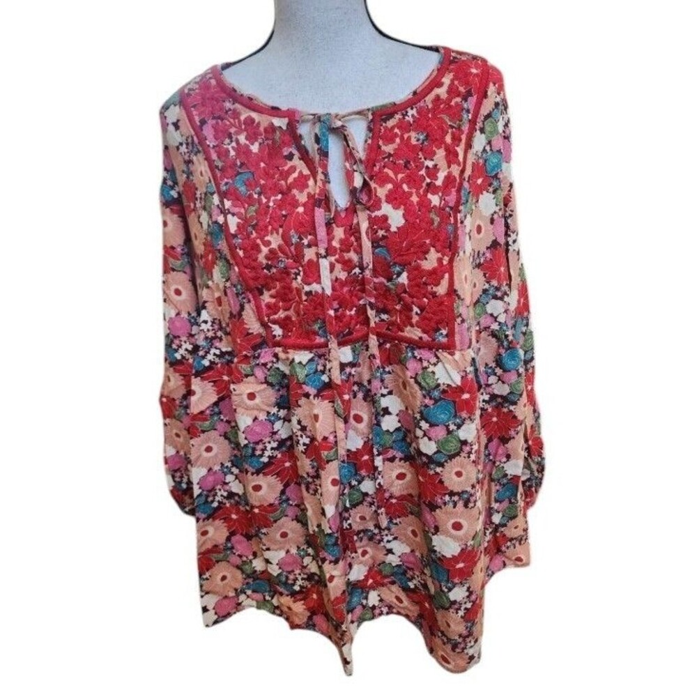 Savanna Jane Embroidered Floral Size 2X Long Sleeve Neck Tie Flowy Boho - Picture 1 of 9
